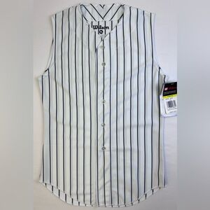 Wilson Sleeveless Baseball Jersey Button Front White with Navy Blue Stripe YL